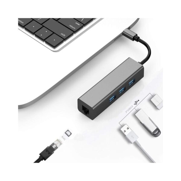 USB Type C to Ethernet with 3 Usb Hub Adapter