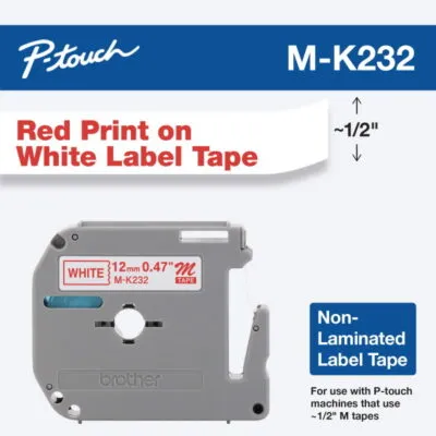 Brother M-K233 Red on White 12mm Non-Laminated Label Tape