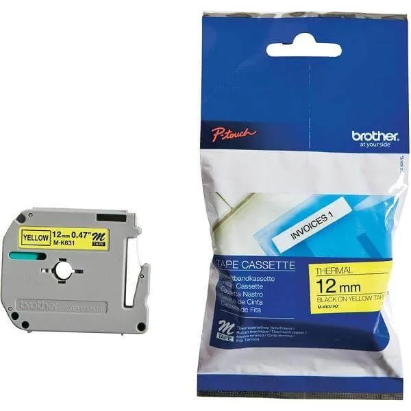 Brother M-K631 Black on Yellow 12mm Non-Laminated Label Tape