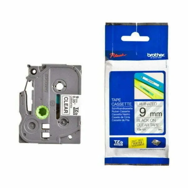 Brother TZE-121 Black on Clear 9mm Laminated Label Tape