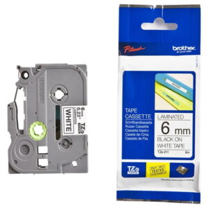 Brother TZE-211 Black on White 6mm Laminated Label Tape