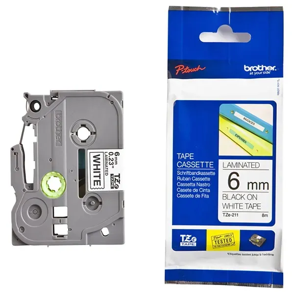 Brother TZE-211 Black on White 6mm Laminated Label Tape