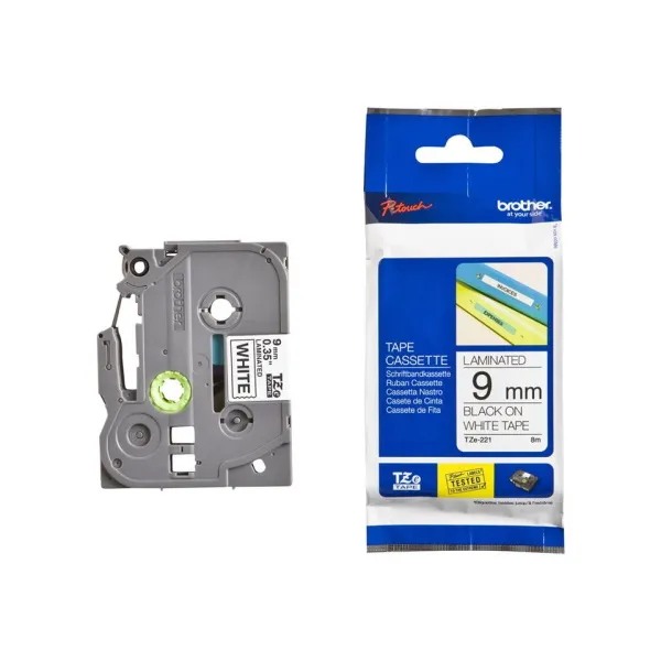 Brother TZE-221 Black on White 9mm Laminated Label Tape