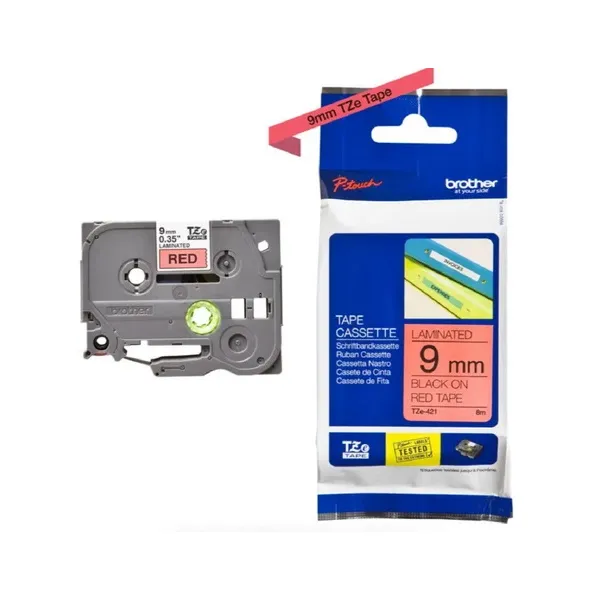 Brother TZE-421 Black on Red 9mm Laminated Label Tape