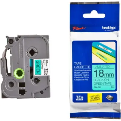 Brother TZE-741 Black on Green 18mm Laminated Label Tape
