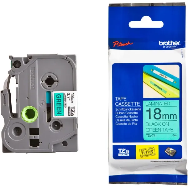 Brother TZE-741 Black on Green 18mm Laminated Label Tape