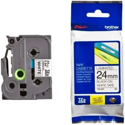 Brother TZE-251 Black on White 24mm Laminated Label Tape