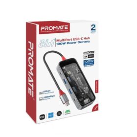 Promate TransHub-Mini 8-in-1 Transparent Ultra-Fast Multi-Port USB-C Hub with 100W PD
