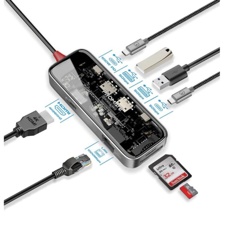 Promate TransHub-Mini 8-in-1 Transparent Ultra-Fast Multi-Port USB-C Hub with 100W PD