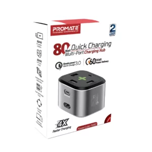 The Promate 80W Quick Charging Multi-Port Charging Station is a cutting-edge power hub designed to meet the demands of modern connectivity with unmatched efficiency and versatility. This high-performance charging station stands out for its ability to simultaneously power multiple devices while delivering rapid charging speeds, making it an essential addition to any tech-savvy workspace or home. With a robust 80W total output, the Promate Charging Station is engineered to handle a diverse range of devices, from smartphones and tablets to laptops and other USB-powered gadgets. Its multi-port design includes a mix of USB-A and USB-C ports, providing flexibility and compatibility for various charging needs. The USB-C ports, equipped with Power Delivery (PD) technology, ensure that your devices receive optimal charging speeds, significantly reducing wait times and keeping you connected and productive. The charging station’s intelligent distribution system allocates power efficiently across all connected devices, preventing overloading and ensuring safe, reliable charging. This intelligent management not only optimizes charging speeds but also protects your devices from potential damage caused by overcurrent or overheating. The Promate 80W Quick Charging Multi-Port Charging Station features a sleek, modern design that seamlessly blends into any environment, whether it’s a home office, living room, or conference room. Its compact footprint ensures it fits neatly on desks or work surfaces without cluttering your space, while its sturdy construction guarantees durability and long-lasting performance. Additionally, the station is designed with user convenience in mind, offering easy plug-and-play setup with no need for complex configurations. Its universal compatibility means you can charge a wide range of devices with one central hub, reducing cable clutter and simplifying your charging routine. In summary, the Promate 80W Quick Charging Multi-Port Charging Station delivers powerful, efficient, and versatile charging in a sleek and user-friendly package, making it the perfect solution for anyone looking to streamline their tech setup and stay powered up. Promate 80W Quick Charging Multi-Port Charging Station