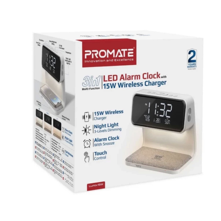 Promate Digital Multi-Function LED Alarm Clock with 15W Wireless Charger
