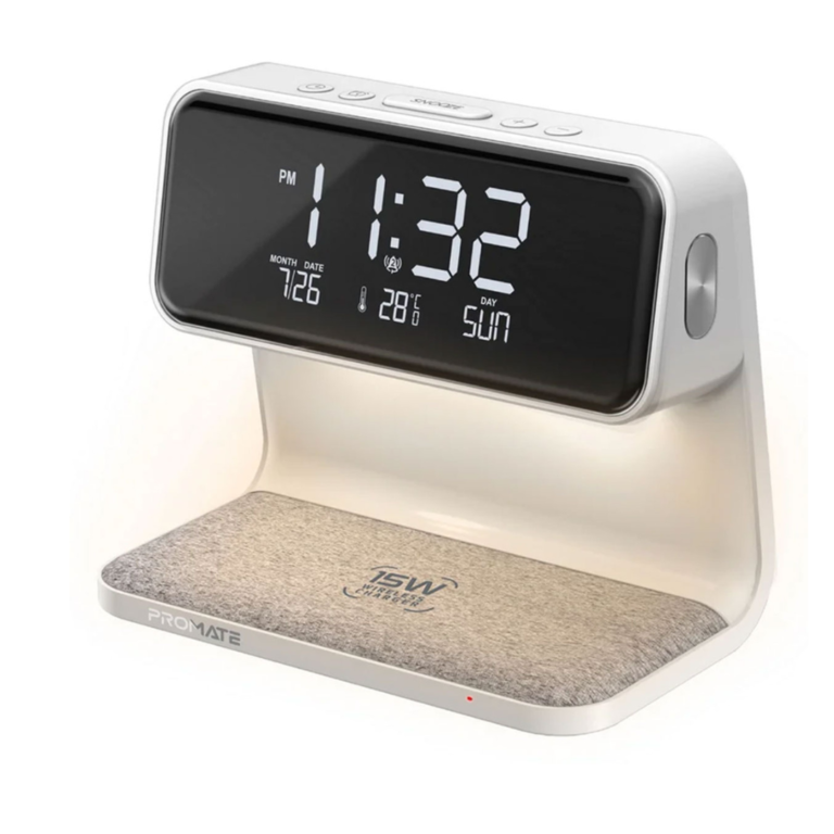 Promate Digital Multi-Function LED Alarm Clock with 15W Wireless Charger