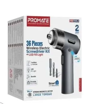 Promate 36-Pieces Wireless Electric Screwdriver Kit with LED Fill Light