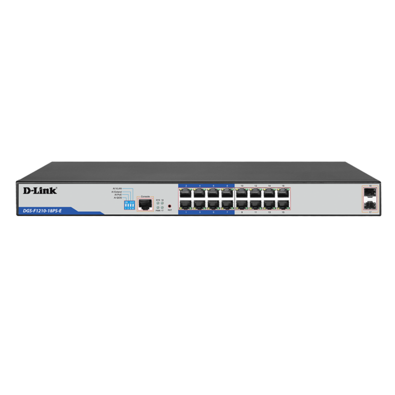 D-Link DGS-F1210-18PS-E 16 ports Gigabit Long Range 250m PoE+ Smart Switch
