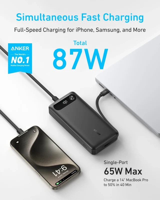 Anker Power Bank (20,000mAh, 87W, Built-in USB-C Cable)