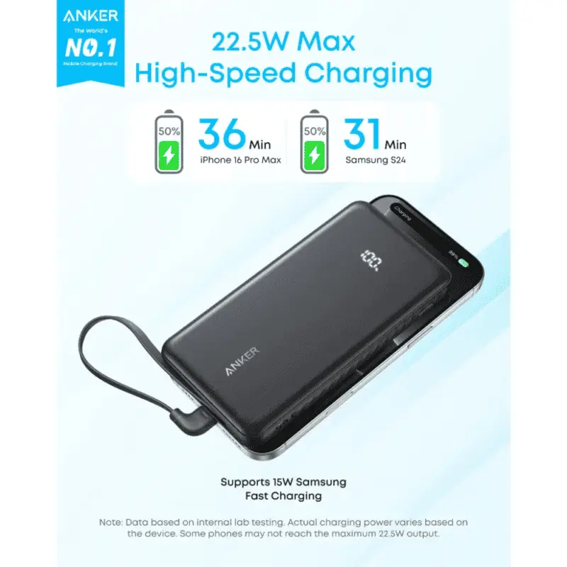 Anker 10000mAh 22.5W Power Bank with Built-in USB-C Cable