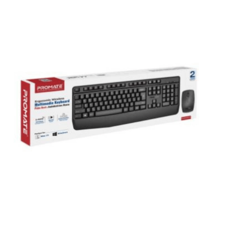 Promate Ergonomic Wireless Multimedia Keyboard with Palm Rest and Ambidextrous Mouse