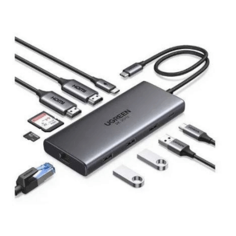 UGREEN 10-in-1 USB-C to USB-A 3.2 + USB-A 3.0 + USB-C 3.2 (2 Ports) + 4K HDMI (2 Ports) + RJ45 Gigabit Ethernet + SD & TF Card Reader + USB-C PD Multifunction Adapter - CM639