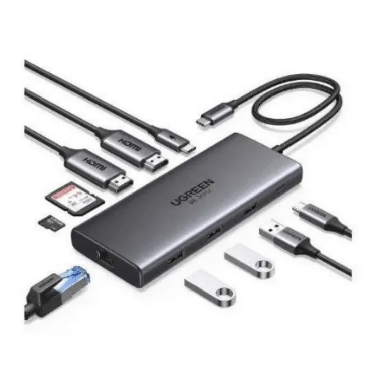 UGREEN 10-in-1 USB-C to USB-A 3.2 + USB-A 3.0 + USB-C 3.2 (2 Ports) + 4K HDMI (2 Ports) + RJ45 Gigabit Ethernet + SD & TF Card Reader + USB-C PD Multifunction Adapter - CM639