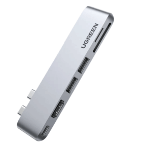 UGREEN 6-in-2 USB-C Multifunction Dual USB-C to Thunderbolt 3 + 4K HDMI + USB 3.0 (2 Ports) + SD & TF Card Reader Multifunction Adapter for MacBook - CM380