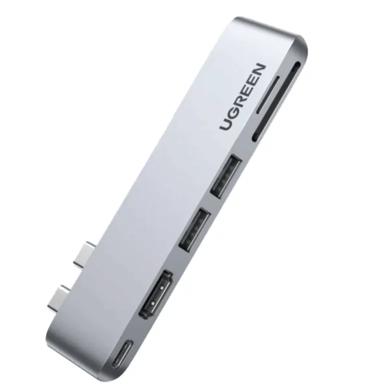 UGREEN 6-in-2 USB-C Multifunction Dual USB-C to Thunderbolt 3 + 4K HDMI + USB 3.0 (2 Ports) + SD & TF Card Reader Multifunction Adapter for MacBook - CM380