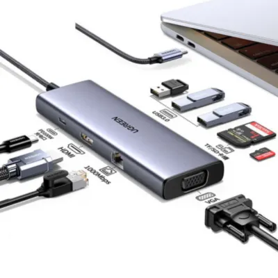 UGREEN 9-in-1 USB-CUSB-C to USB 3.0 (3 Ports) + 4K HDMI + VGA + RJ45 Gigabit Ethernet + SD & TF Card Reader + USB-C PD Multifunction Adapter - CM498