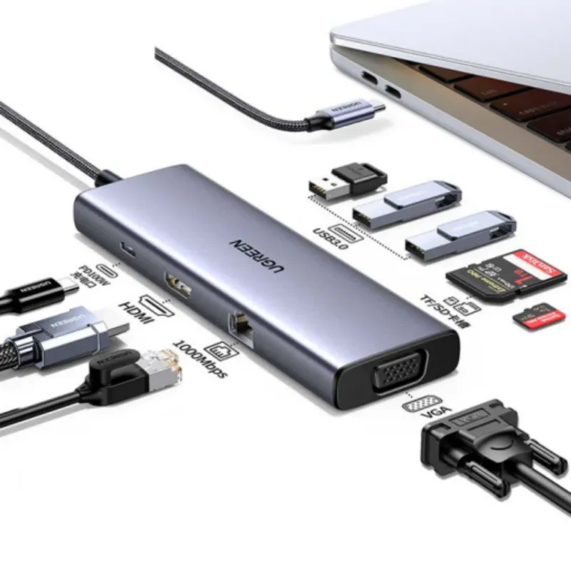 UGREEN 9-in-1 USB-CUSB-C to USB 3.0 (3 Ports) + 4K HDMI + VGA + RJ45 Gigabit Ethernet + SD & TF Card Reader + USB-C PD Multifunction Adapter - CM498
