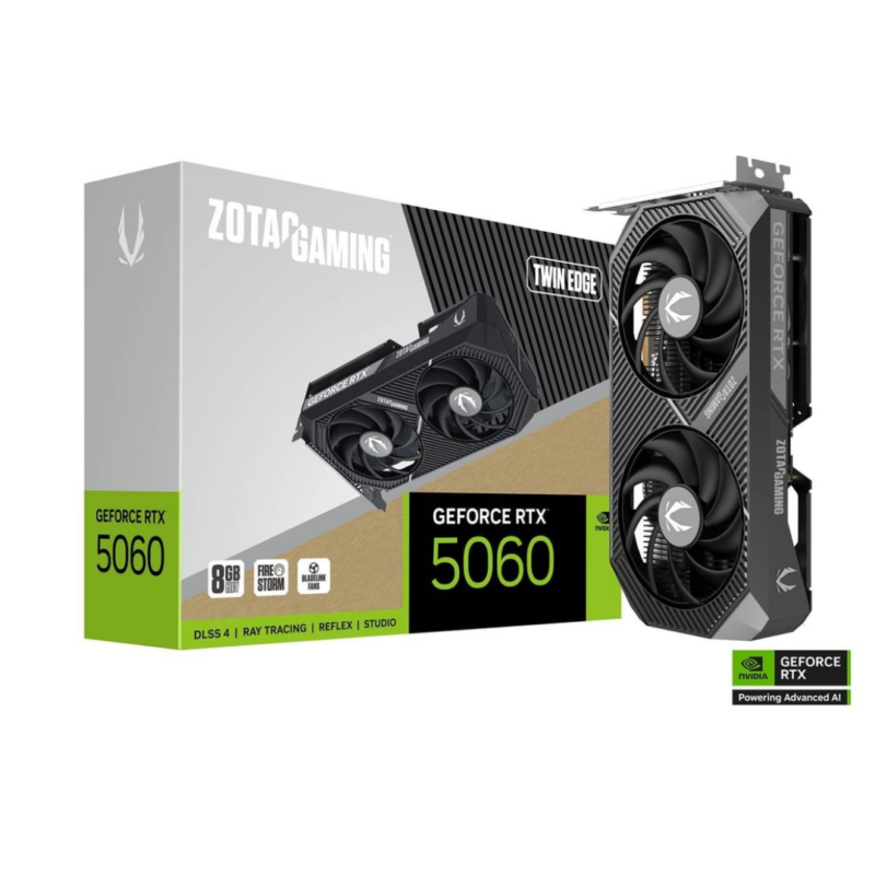 ZOTAC GAMING GeForce RTX 5060 Twin Edge 8GB GDDR7 Graphics Card, Display Outputs: 3 x DisplayPort 2.1b, 1 x HDMI 2.1b, Recommended Power Supply: 550W, Power Input: 8-pin - ZT-B50600E-10M