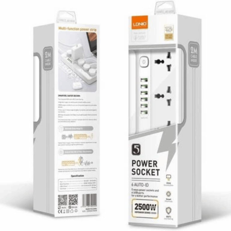 LDNIO SC5614 2500W Power Strip Extension Cable with 5 AC sockets, 6x USB Ports