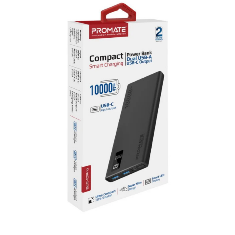 Promate 10000mAh Ultra Slim Compact Smart Charging Power Bank
