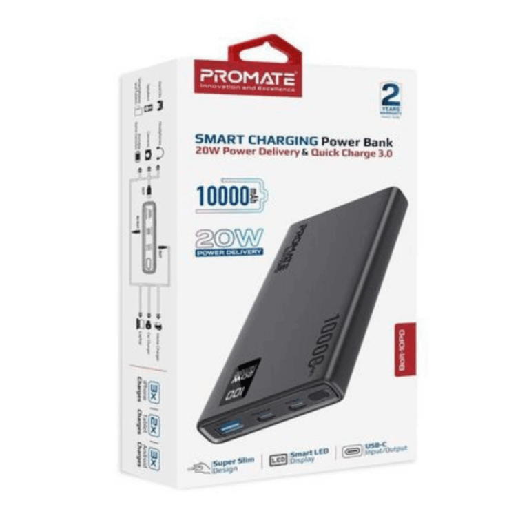 Promate 10000mAh Smart Charging Power Bank with 20W PD Dual USB-C and 22.5W USB-A Ports