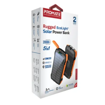 Promate SolarTank-20PDQi 20000mAh Rugged EcoLight Solar Power Bank