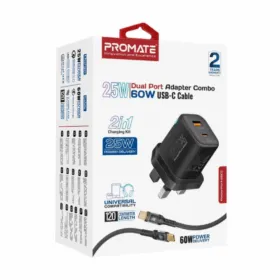 Promate 25W Power Delivery Dual Port Adapter Combo with 60W USB-C Cable