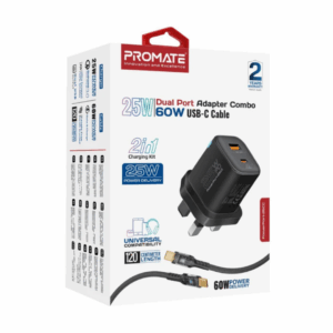 Promate 25W Power Delivery Dual Port Adapter Combo with 60W USB-C Cable