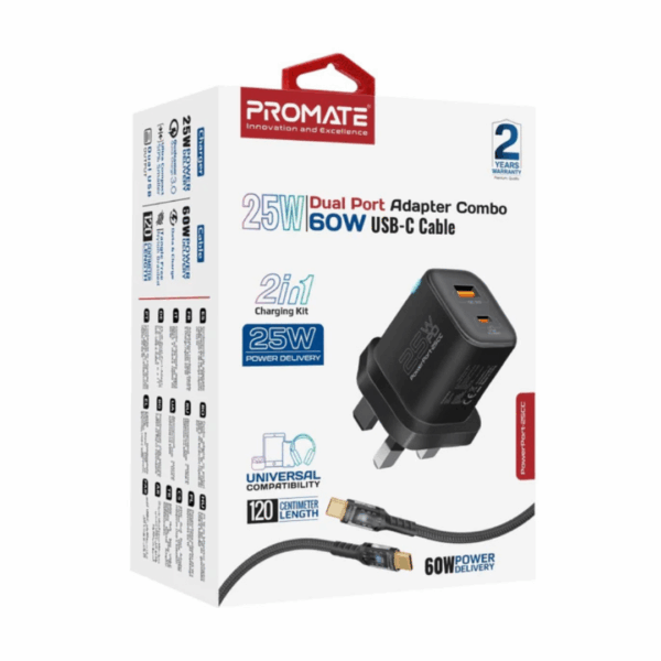 Promate 25W Power Delivery Dual Port Adapter Combo with 60W USB-C Cable