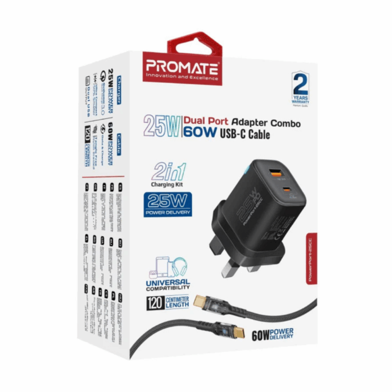 Promate 25W Power Delivery Dual Port Adapter Combo with 60W USB-C Cable