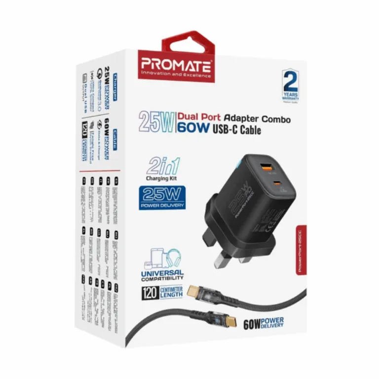 Promate 25W Power Delivery Dual Port Adapter Combo with 60W USB-C Cable