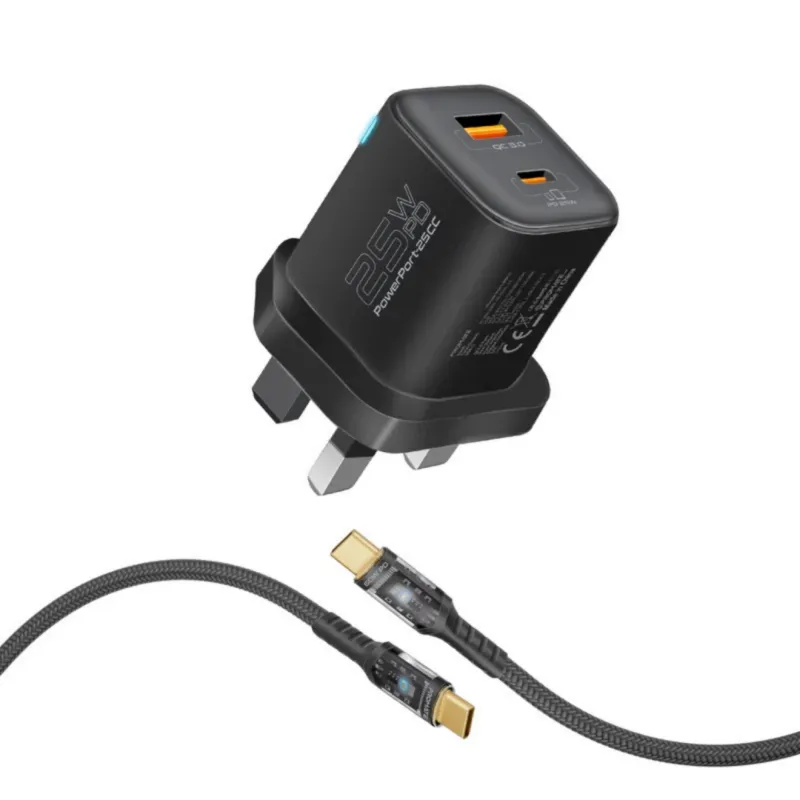 Promate 25W Power Delivery Dual Port Adapter Combo with 60W USB-C Cable