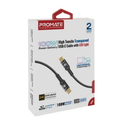 Promate 100W Power Delivery Ultra-Fast USB-C Cable with Transparent Shells