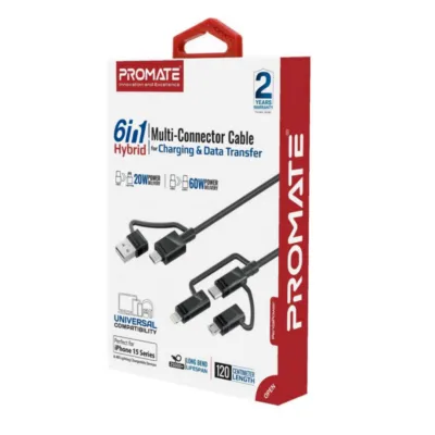 Promate PENTAPOWER 6-in-1 60W Hybrid Multi Connector Cable