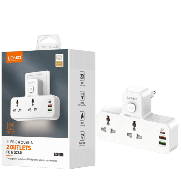 LDNIO SC2311 3-Port USB Charger Extension 2 Sockets Power Strip 20W