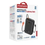 Promate PowerPod-30 30000mAh Compact Power Bank with Built-In USB-C & Lightning Cable