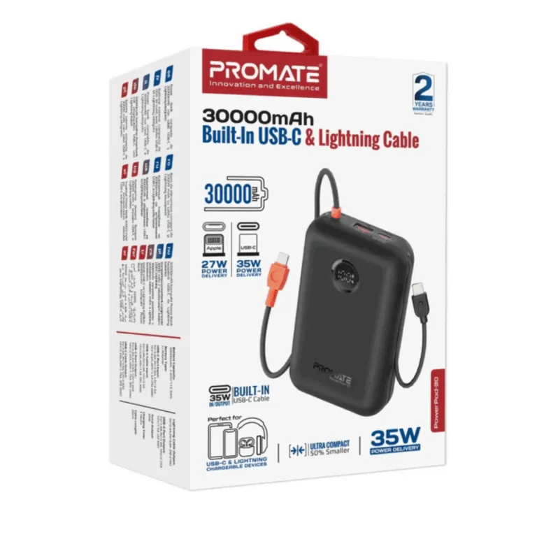 Promate PowerPod-30 30000mAh Compact Power Bank with Built-In USB-C & Lightning Cable