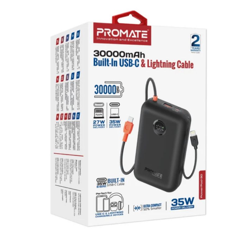 Promate PowerPod-30 30000mAh Compact Power Bank with Built-In USB-C & Lightning Cable