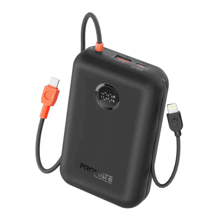 Promate PowerPod-30 30000mAh Compact Power Bank with Built-In USB-C & Lightning Cable
