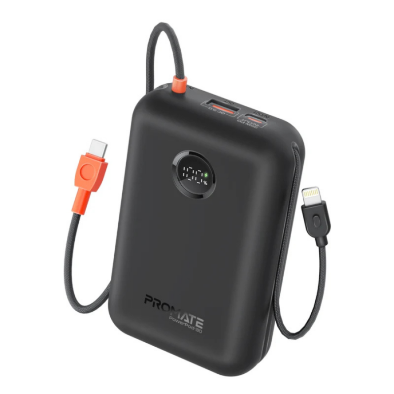 Promate PowerPod-30 30000mAh Compact Power Bank with Built-In USB-C & Lightning Cable