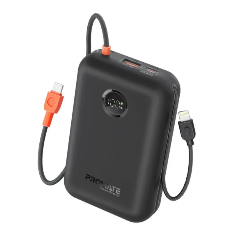 Promate PowerPod-30 30000mAh Compact Power Bank with Built-In USB-C & Lightning Cable