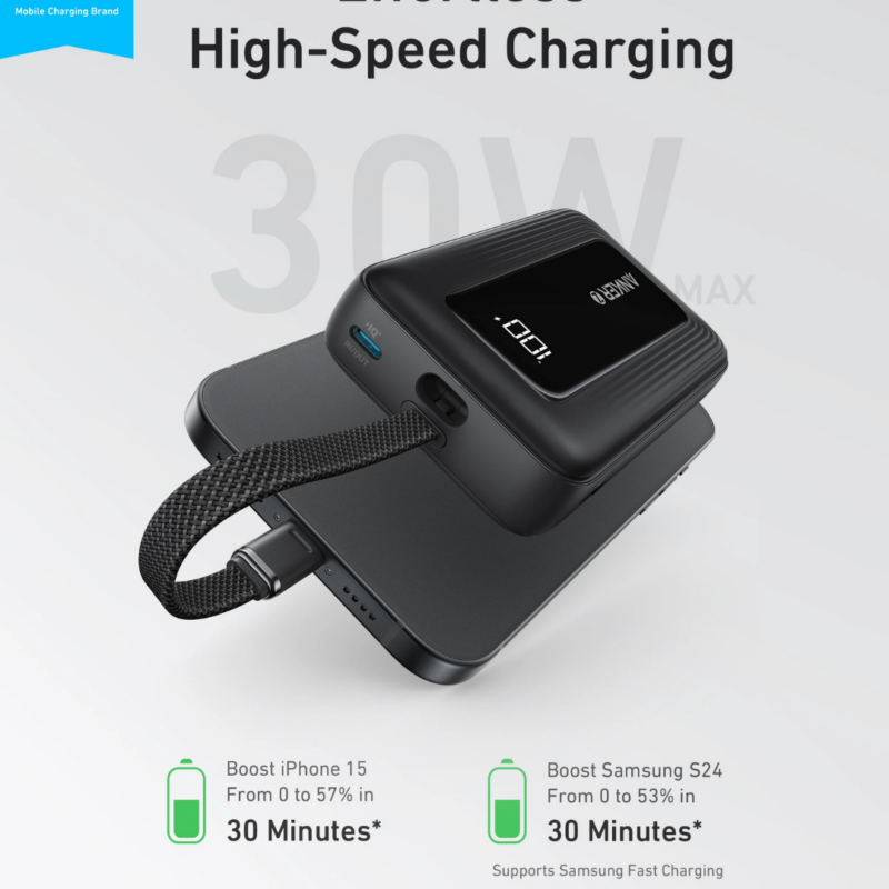 Anker Zolo Power Bank 10K, 30W, Built-In USB-C Cable