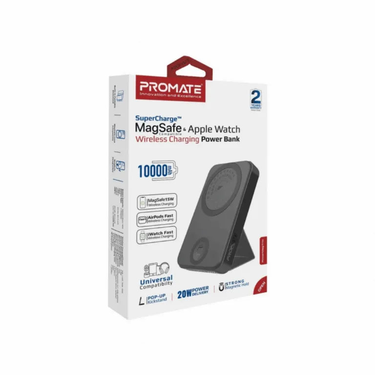 Promate PowerMag-Trio 3-in-1 Magnetic Wireless Charger Specifications Specification Details Product Name Promate PowerMag-Trio Charging Type Wireless Magnetic Charging Charging Output Up to 15W (Phone) Supported Devices Smartphone, Smartwatch, Wireless Earbuds Charging Positions Simultaneous 3-device charging Design Foldable / Desktop Stand Safety Features Over-voltage, Over-current, Temperature Protection Material Premium ABS + Silicone Input Port USB-C Color Black Compatibility MagSafe-enabled & Qi-compatible devices