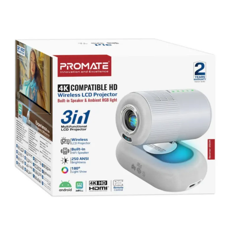 Promate Beamer-250R, 4K Ultra HD Wireless LCD Projector